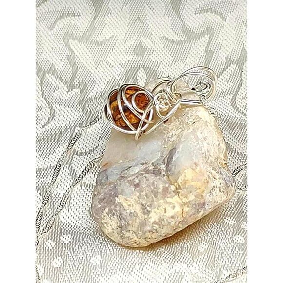 JASPER STONE WIRE WRAPPED PENDANT ON SILVER PLATED CHAIN - Picture 6 of 10